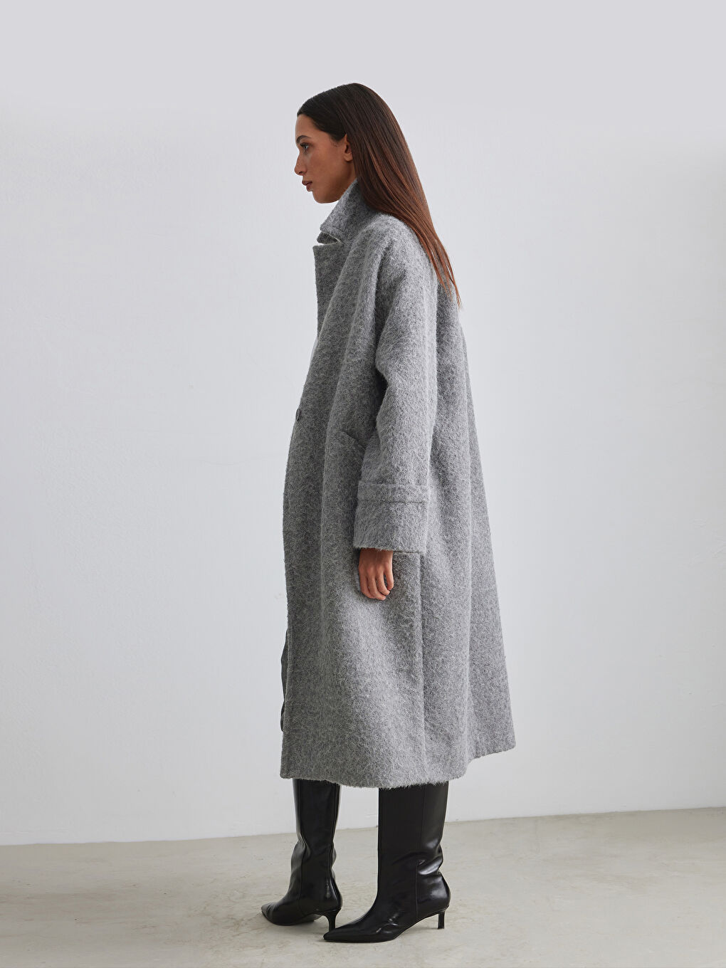 Gri Ceket Yaka Kadın Kaşe Kaban-2