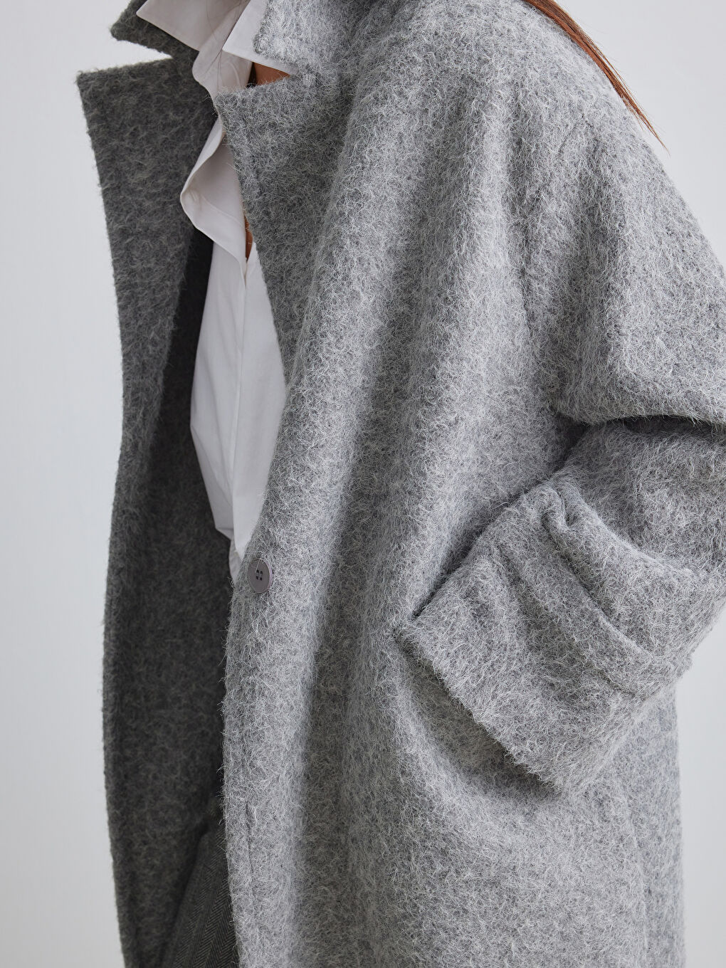 Gri Ceket Yaka Kadın Kaşe Kaban-4