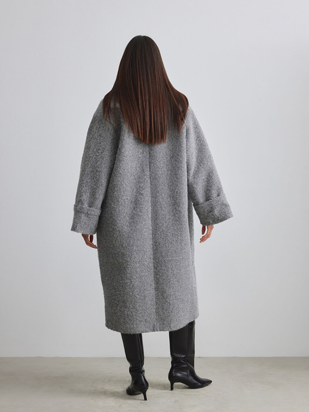 Gri Ceket Yaka Kadın Kaşe Kaban-8