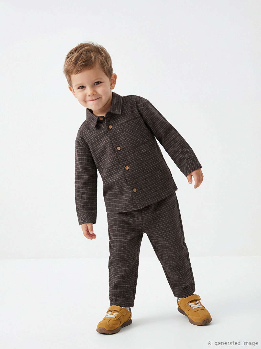 Kahverengi Kareli Poplin Erkek Bebek Gömlek ve Pantolon