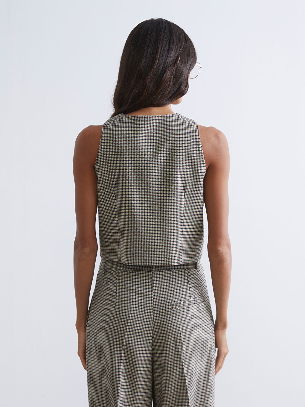 Bej Bisiklet Yaka Kazayağı Desenli Kadın Klasik Yelek-3