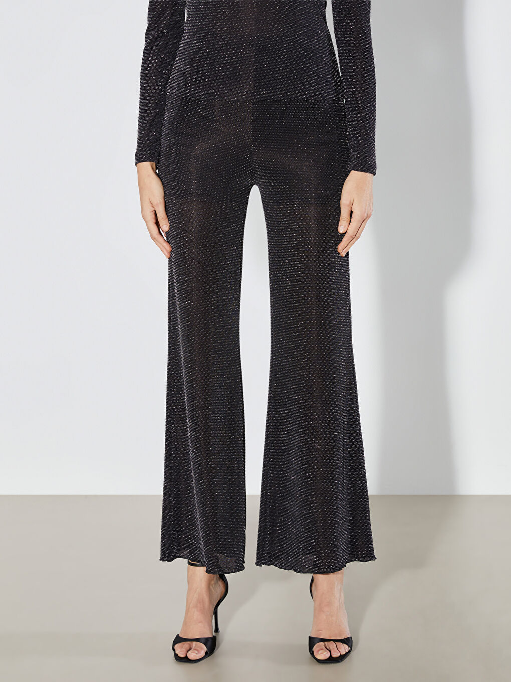 Gri Yüksek Bel İspanyol Paça Simli Kadın Pantolon-1