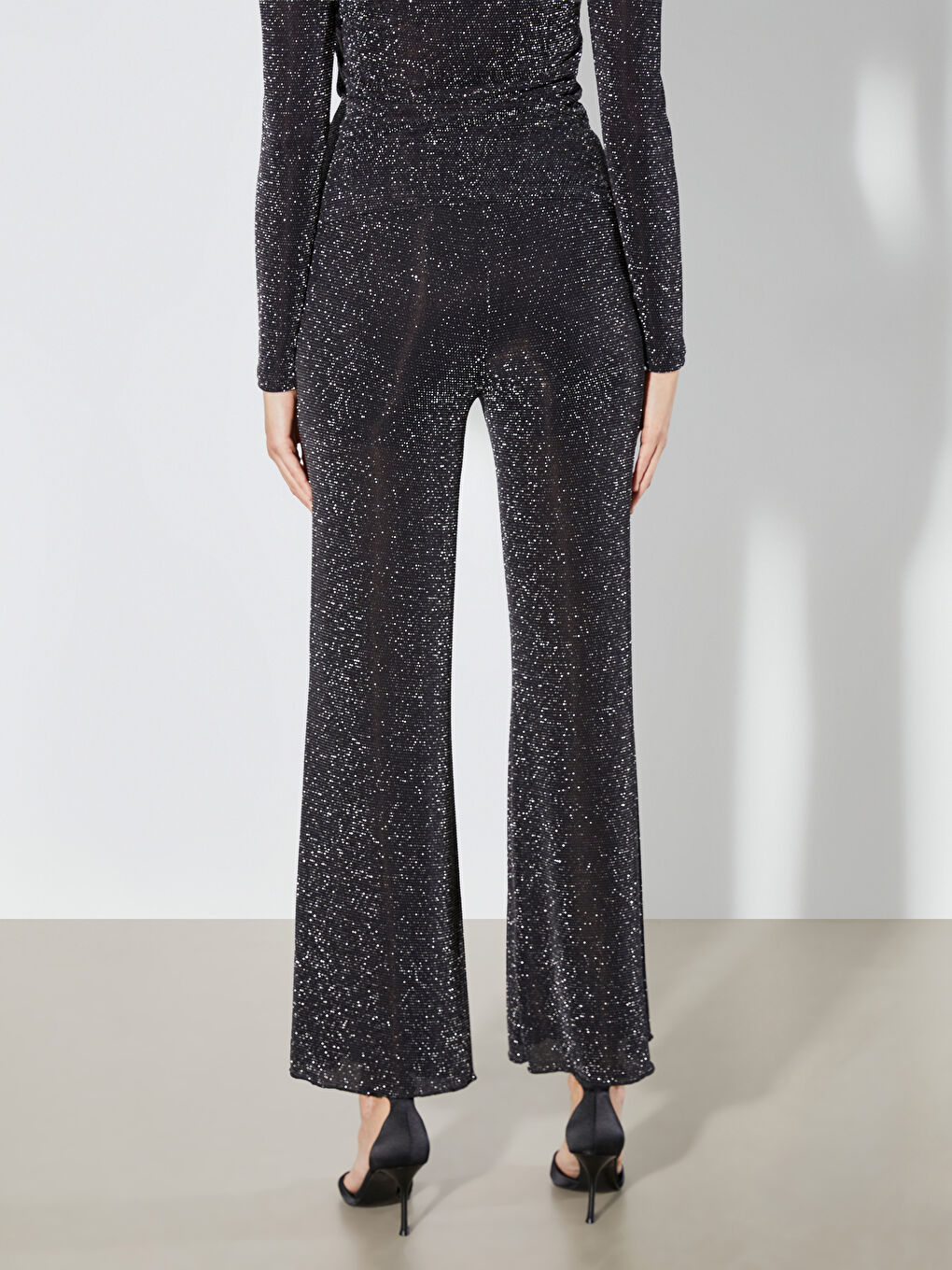 Gri Yüksek Bel İspanyol Paça Simli Kadın Pantolon-3