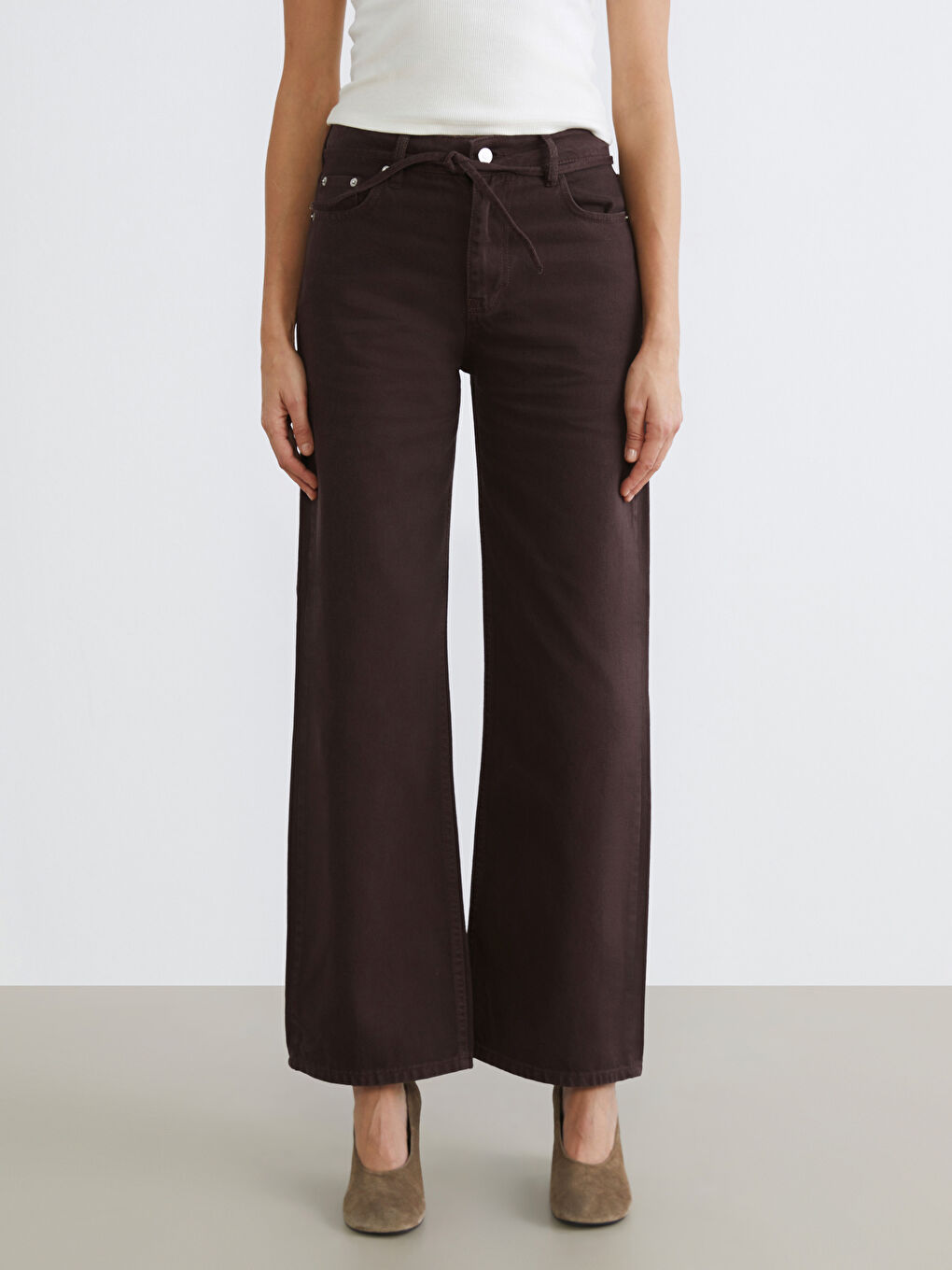 Kahverengi Wideleg Kadın Jean Pantolon-1