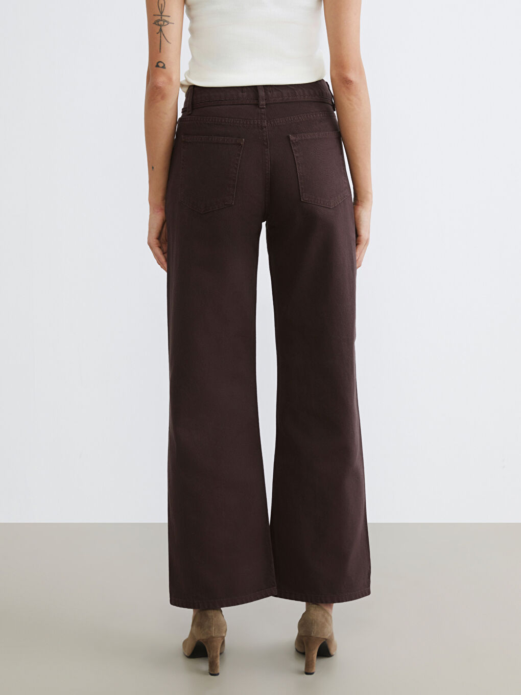 Kahverengi Wideleg Kadın Jean Pantolon-3