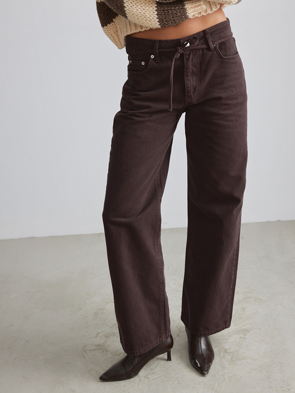 Kahverengi Wideleg Kadın Jean Pantolon-1