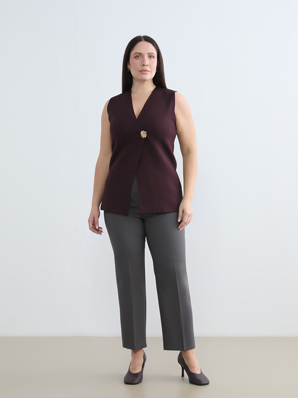 Kırmızı Büyük Beden V Yaka Kadın Triko Yelek	-1