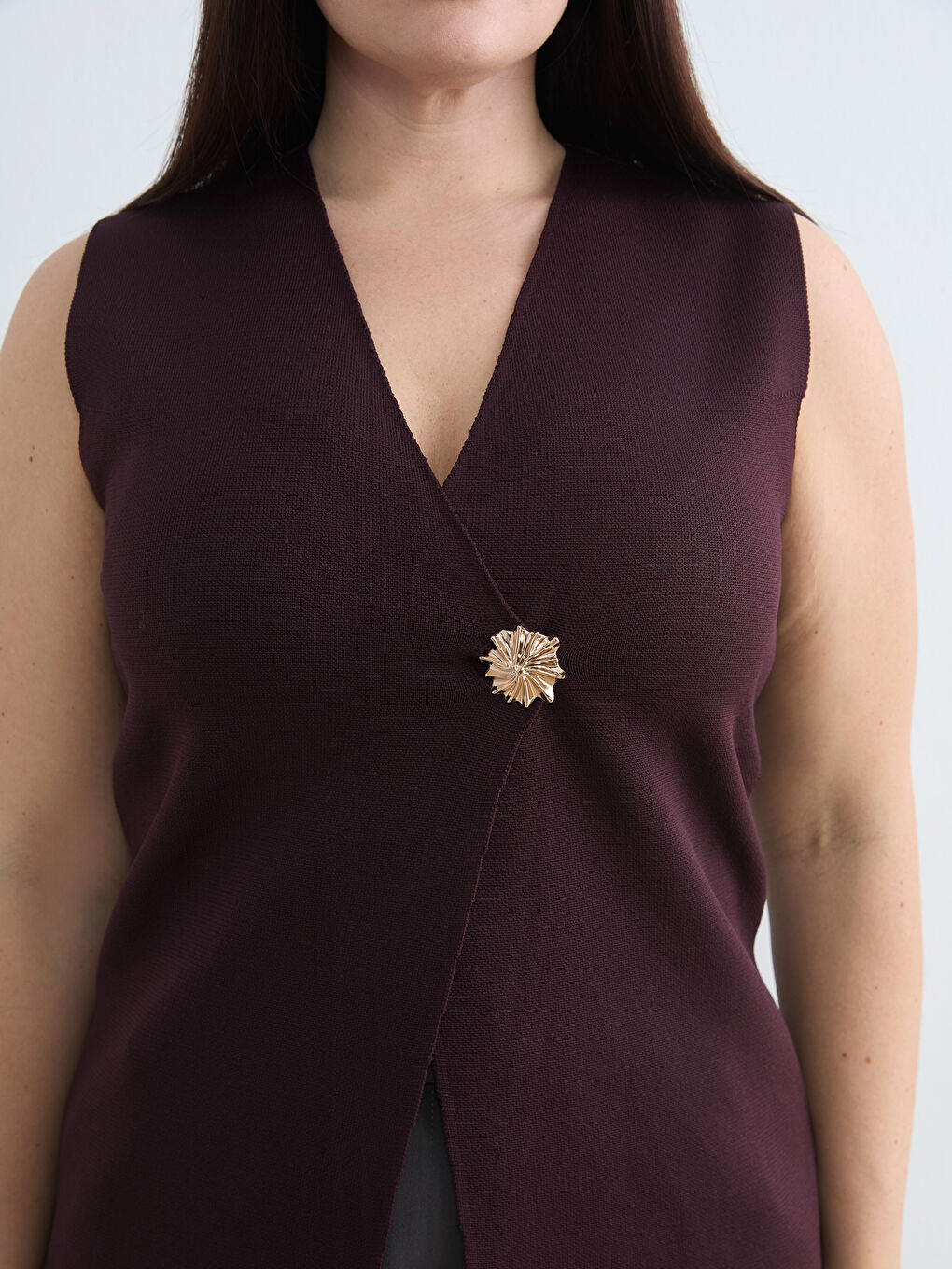 Kırmızı Büyük Beden V Yaka Kadın Triko Yelek	-2