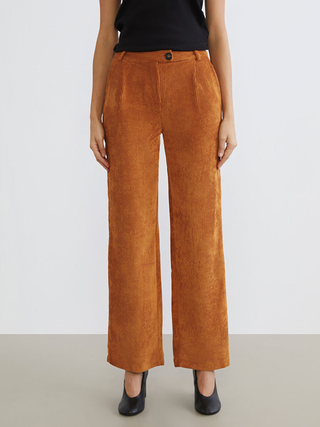 Bej Geniş Paça Kadife Kadın Pantolon-3