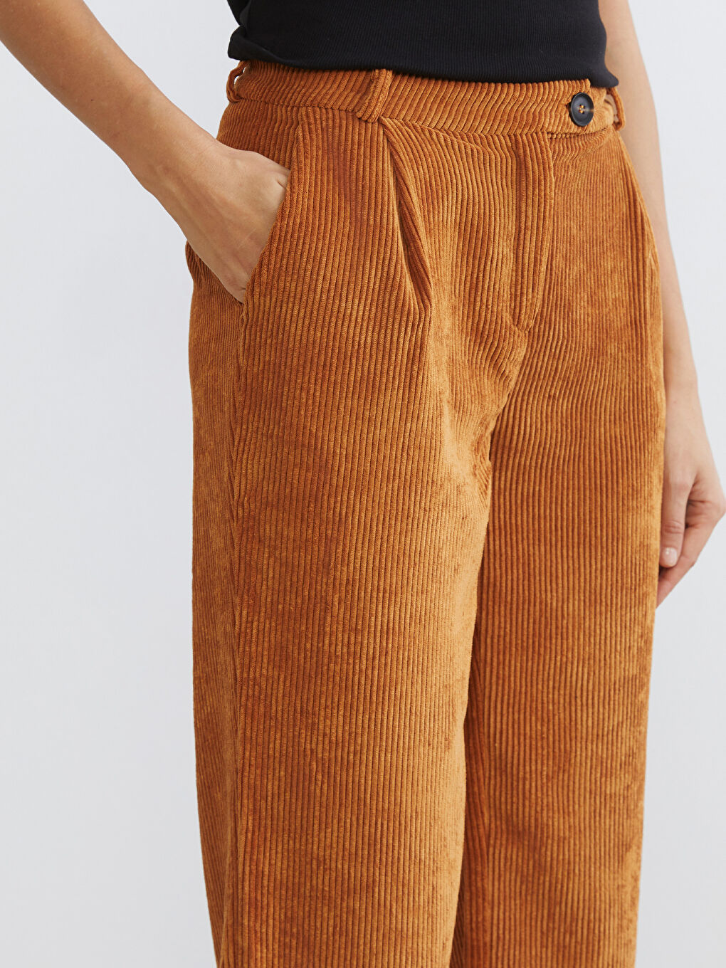 Bej Geniş Paça Kadife Kadın Pantolon-5