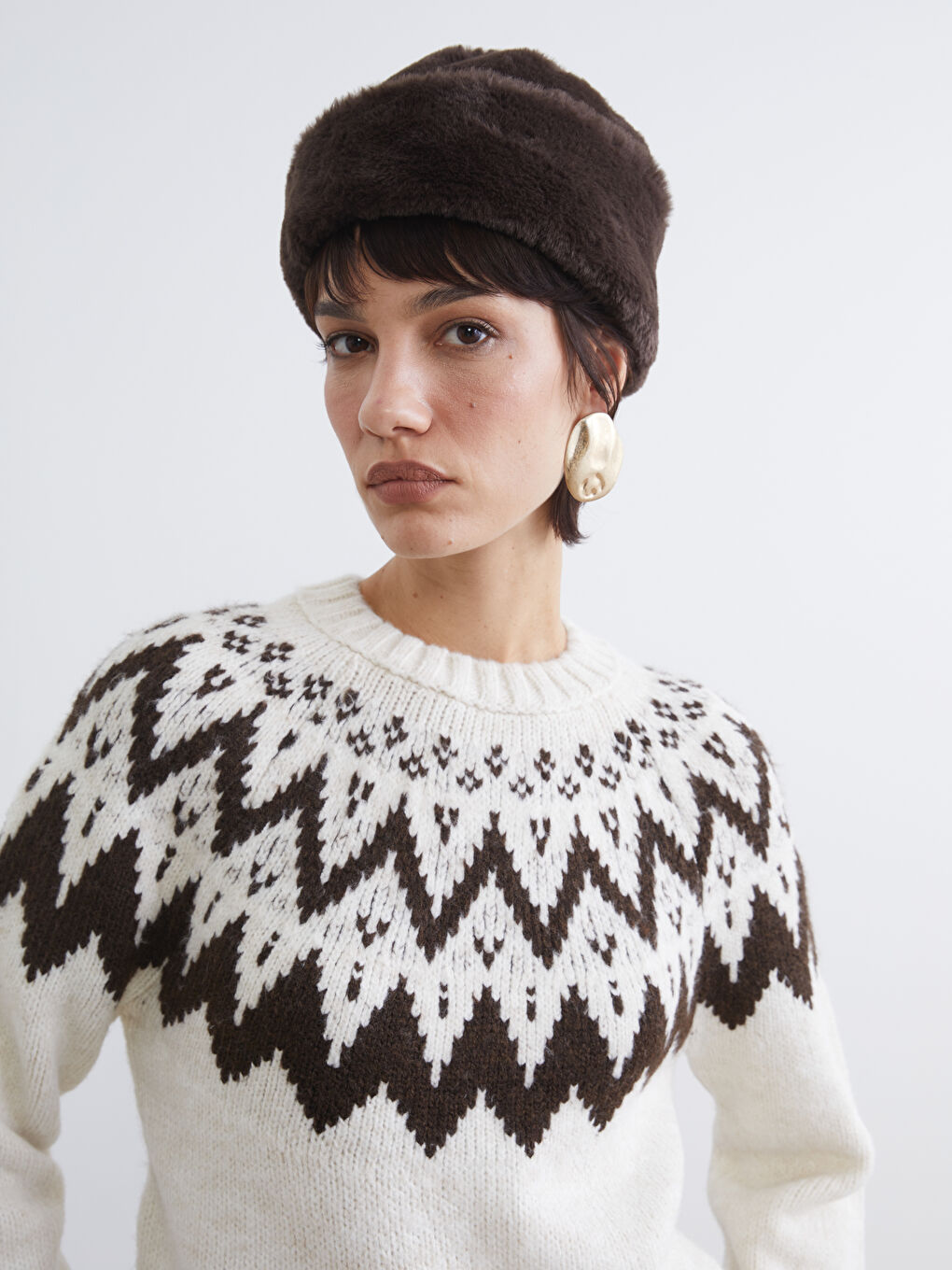 Ekru Bisiklet Yaka Desenli Kadın Triko Kazak-2