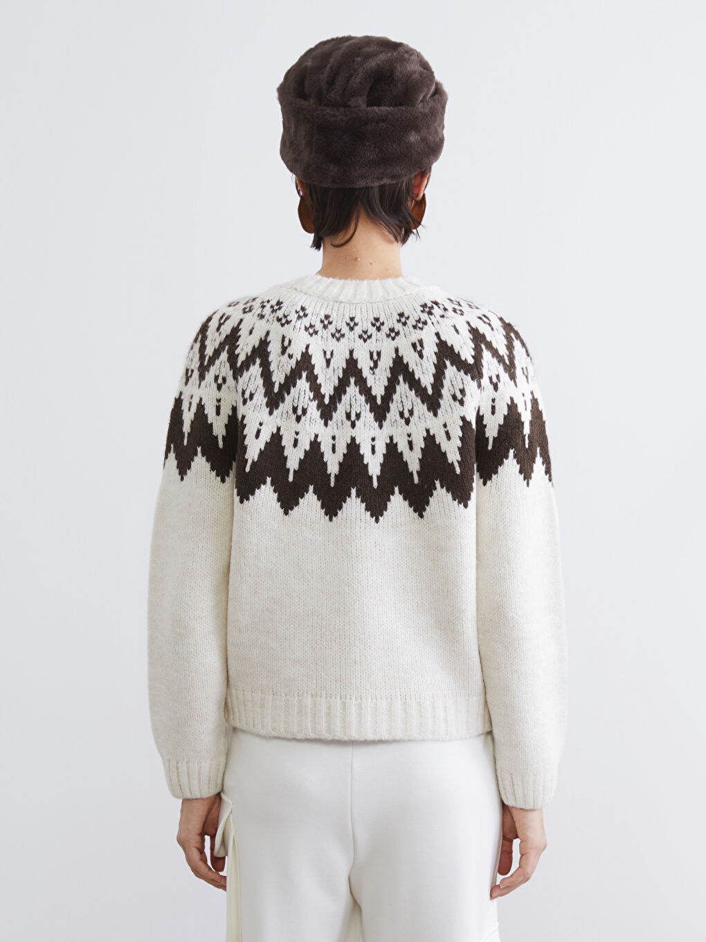 Ekru Bisiklet Yaka Desenli Kadın Triko Kazak-3