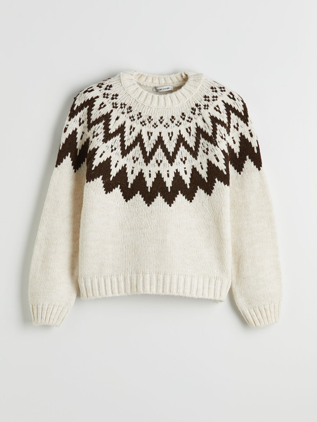 Ekru Bisiklet Yaka Desenli Kadın Triko Kazak-4