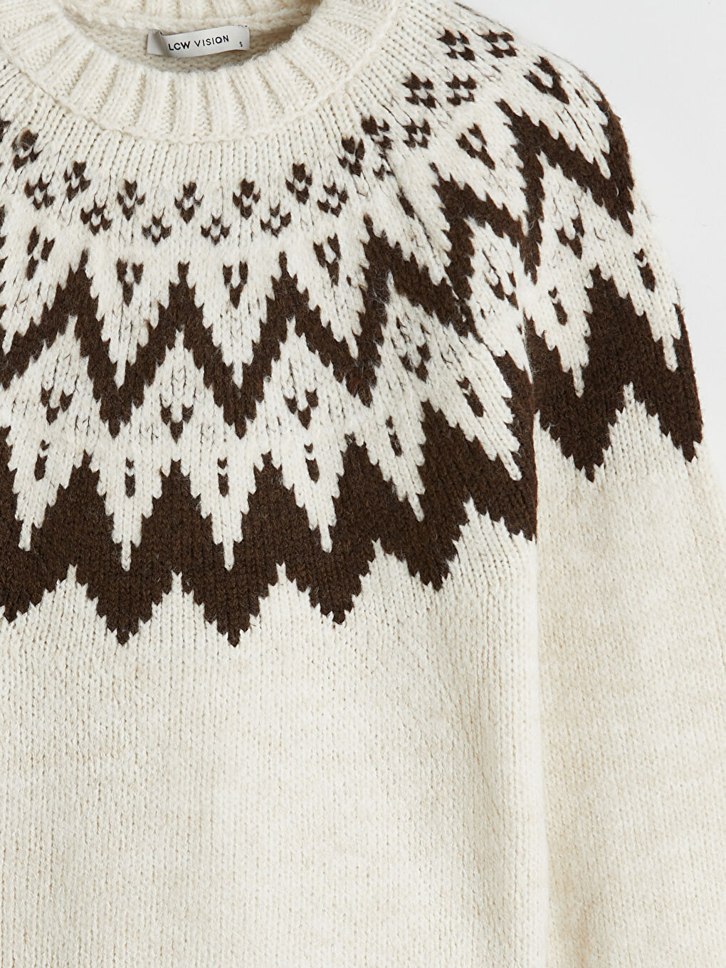 Ekru Bisiklet Yaka Desenli Kadın Triko Kazak-5