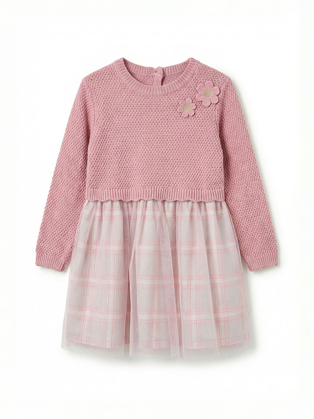 Pembe Bisiklet Yaka Çiçekli Kız Çocuk Tütü Elbise