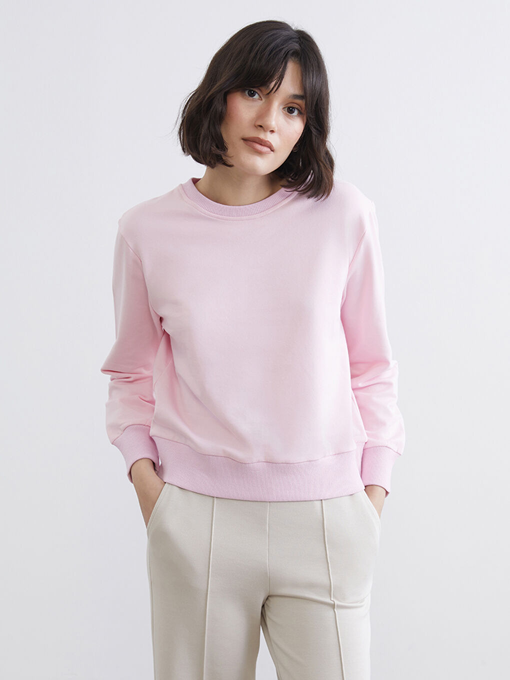 Pembe Bisiklet Yaka Kadın Sweatshirt