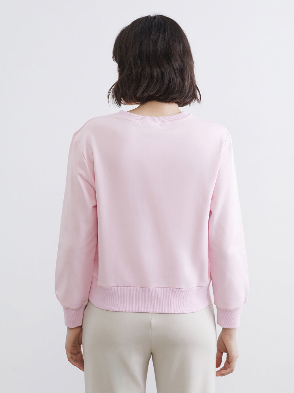 Pembe Bisiklet Yaka Kadın Sweatshirt-3