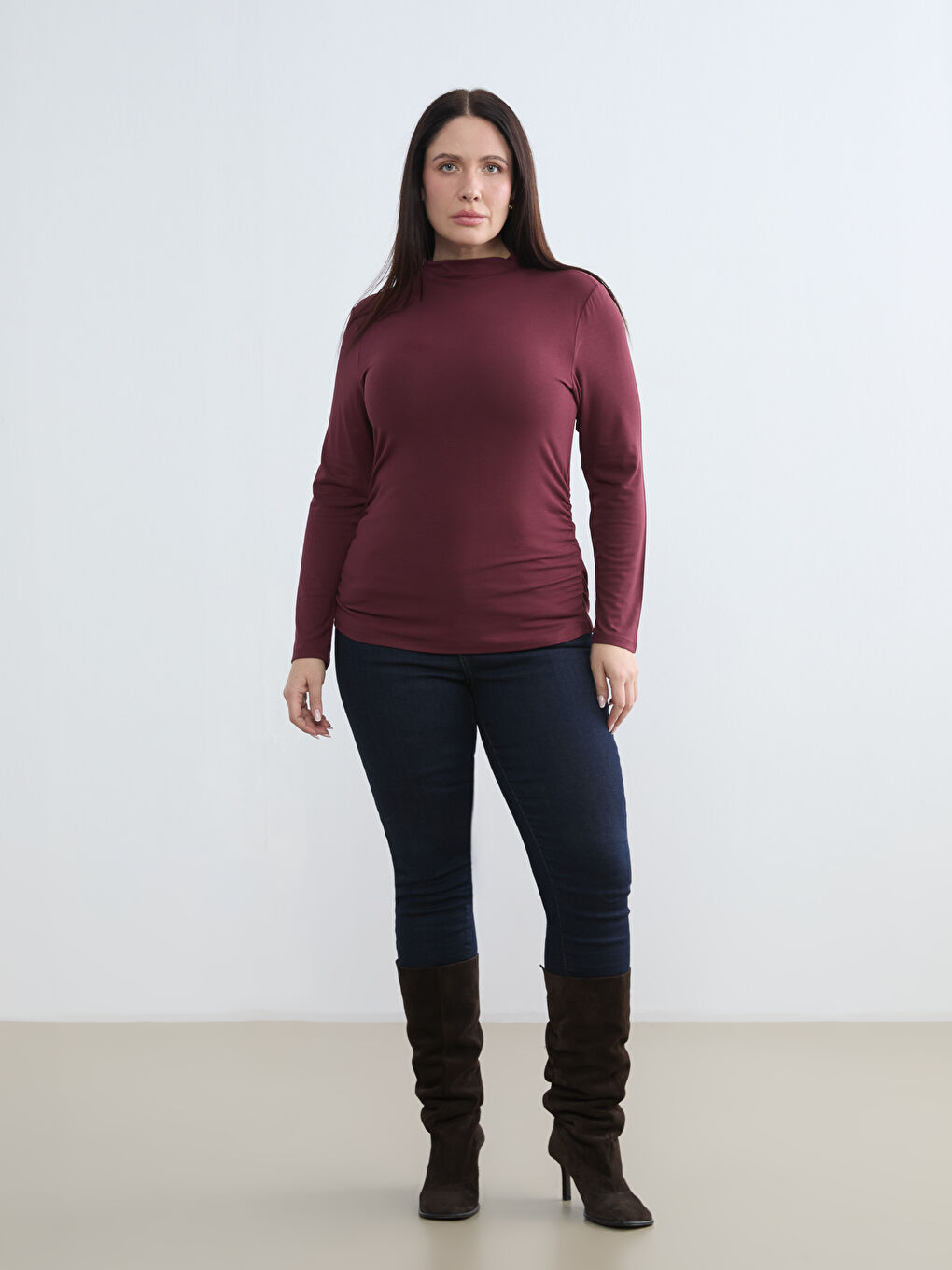 Bordo Dik Yaka Kadın Body-5