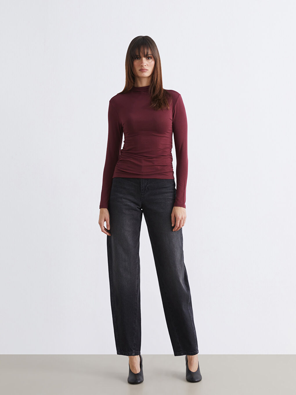 Bordo Dik Yaka Kadın Body-2