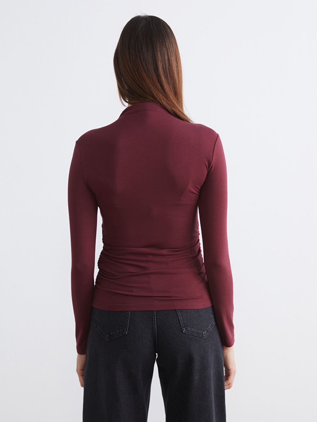 Bordo Dik Yaka Kadın Body-4