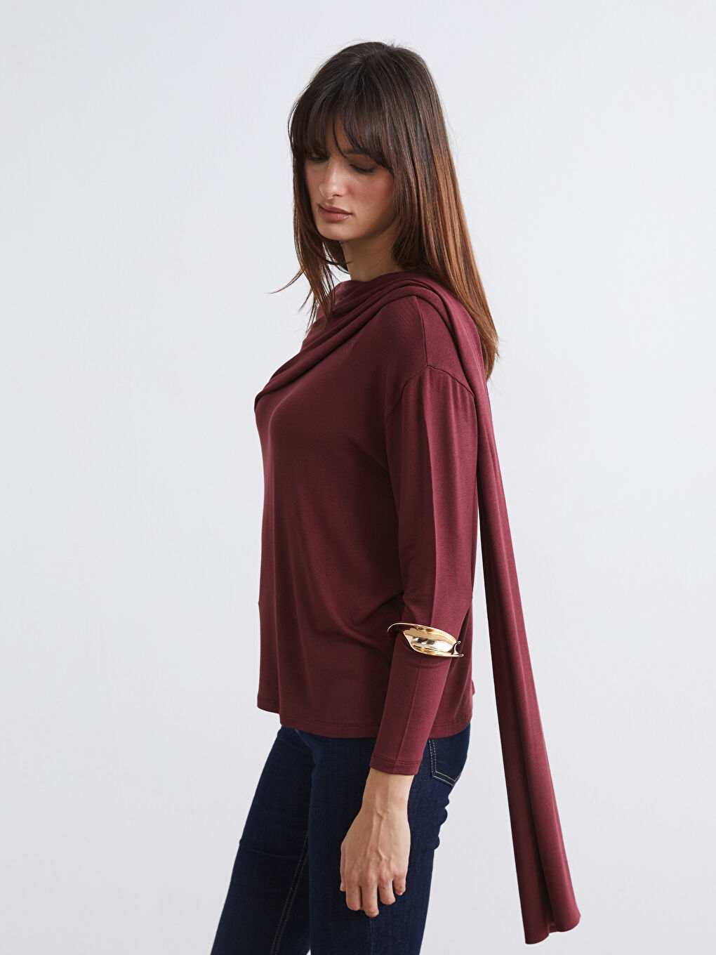 Bordo Şal Yaka Bluz