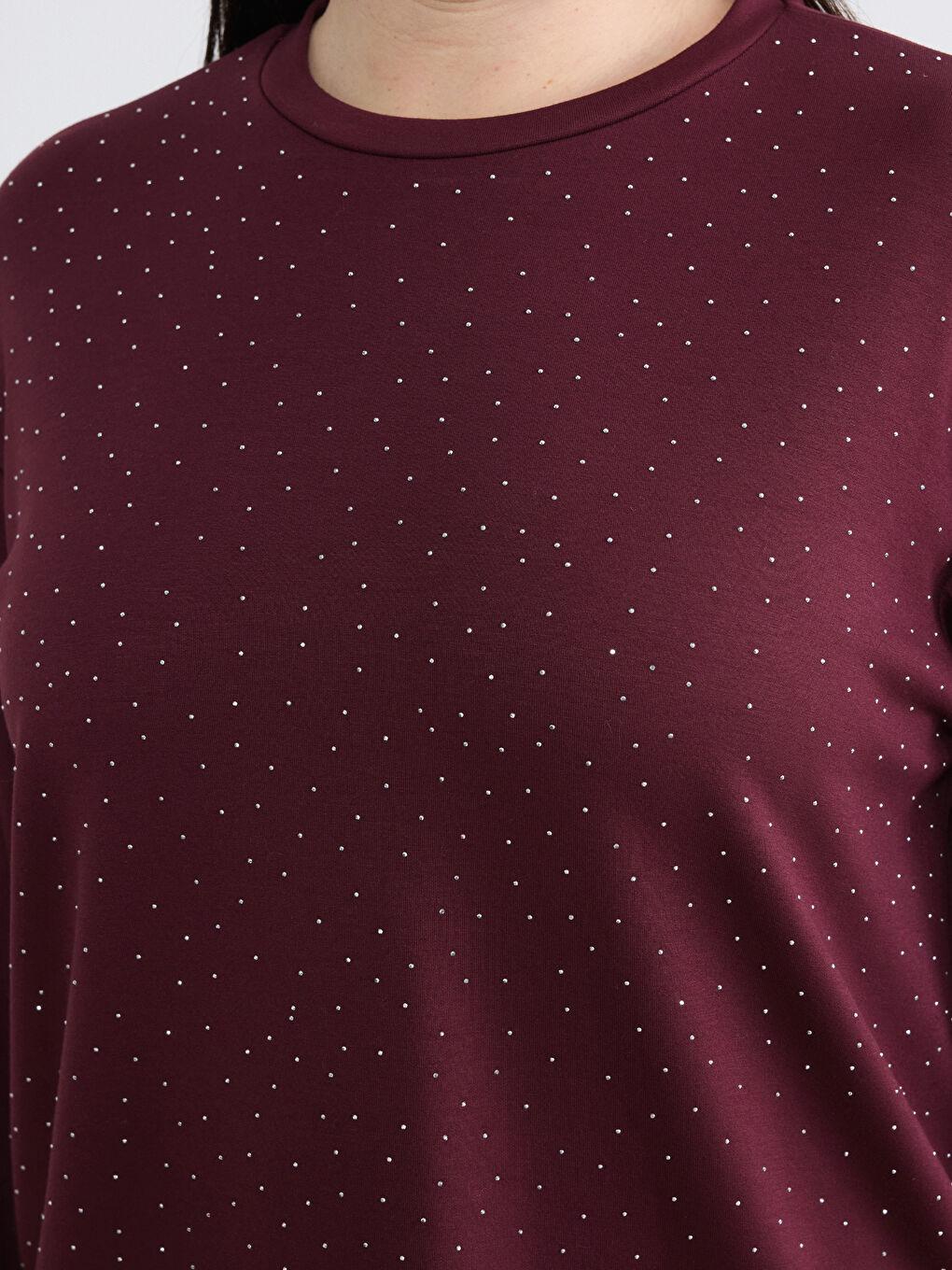 Bordo Büyük Beden Bisiklet Yaka Taşlı Kadın Sweatshirt-2