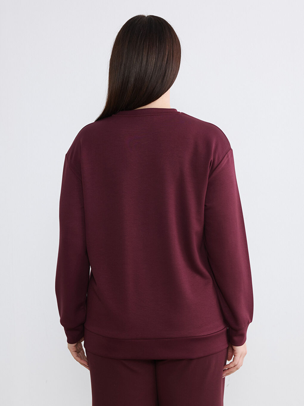 Bordo Büyük Beden Bisiklet Yaka Taşlı Kadın Sweatshirt-3