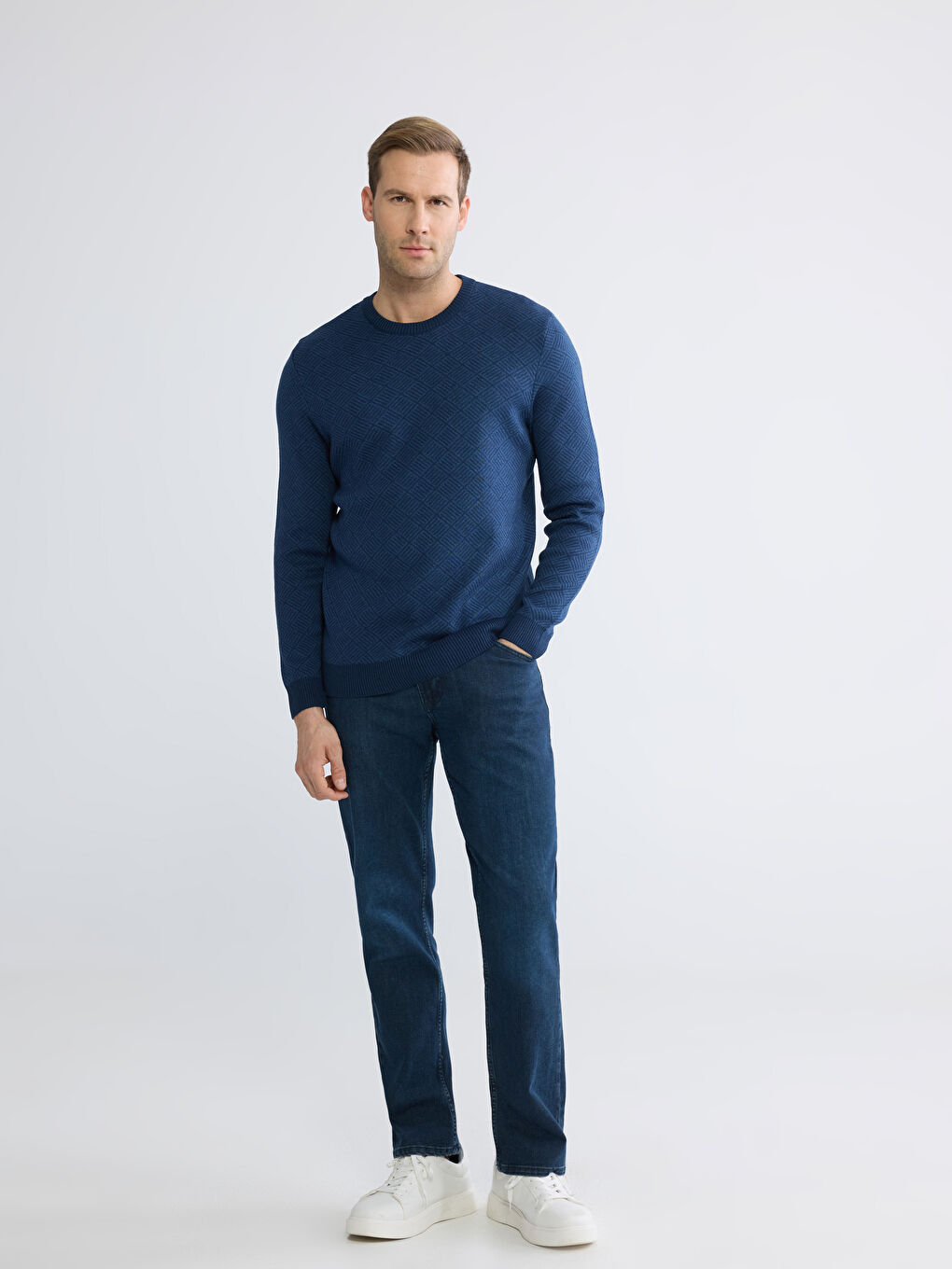 İndigo Standart Kalıp Bisiklet Yaka Erkek Triko Kazak-1