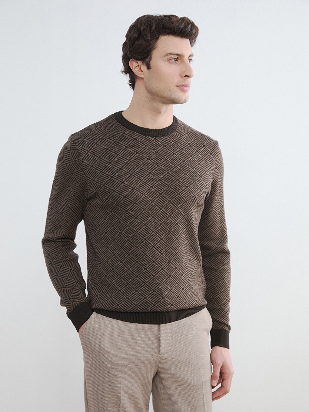 Kahverengi Bisiklet Yaka Erkek Triko Kazak