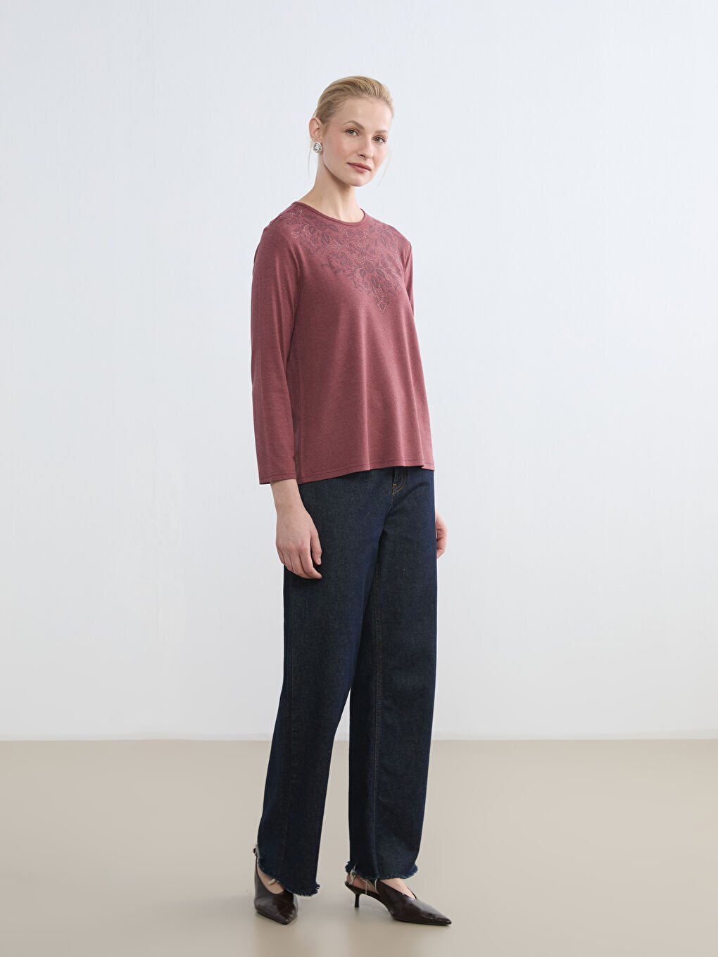 Pembe Bisiklet Yaka Desenli Bluz-1