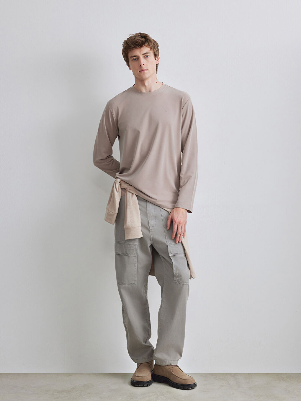 Bej Bisiklet Yaka Erkek Sweatshirt-1