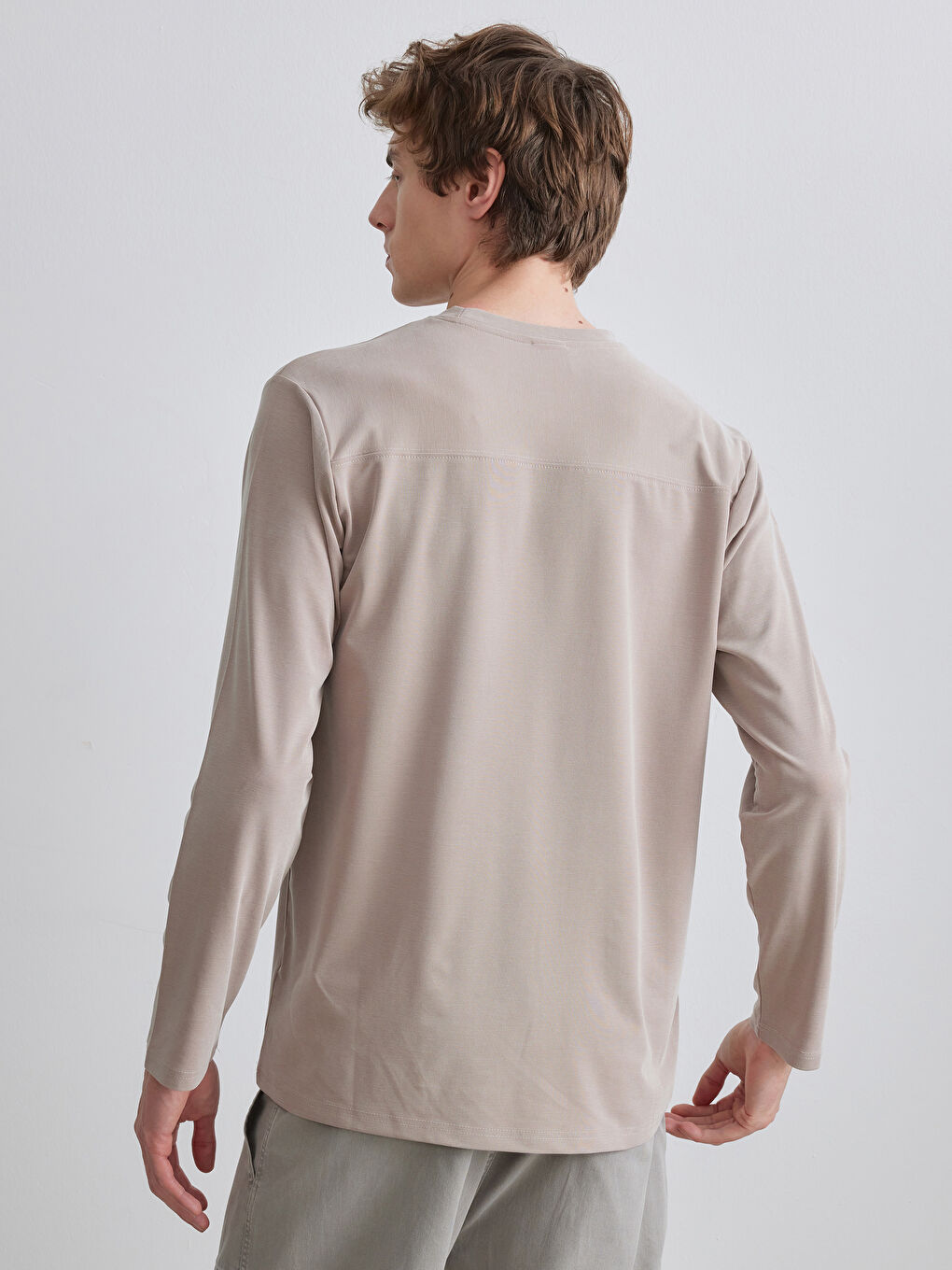 Bej Bisiklet Yaka Erkek Sweatshirt-3