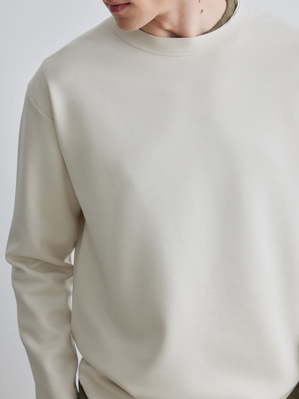 Bej Bisiklet Yaka Erkek Sweatshirt-2