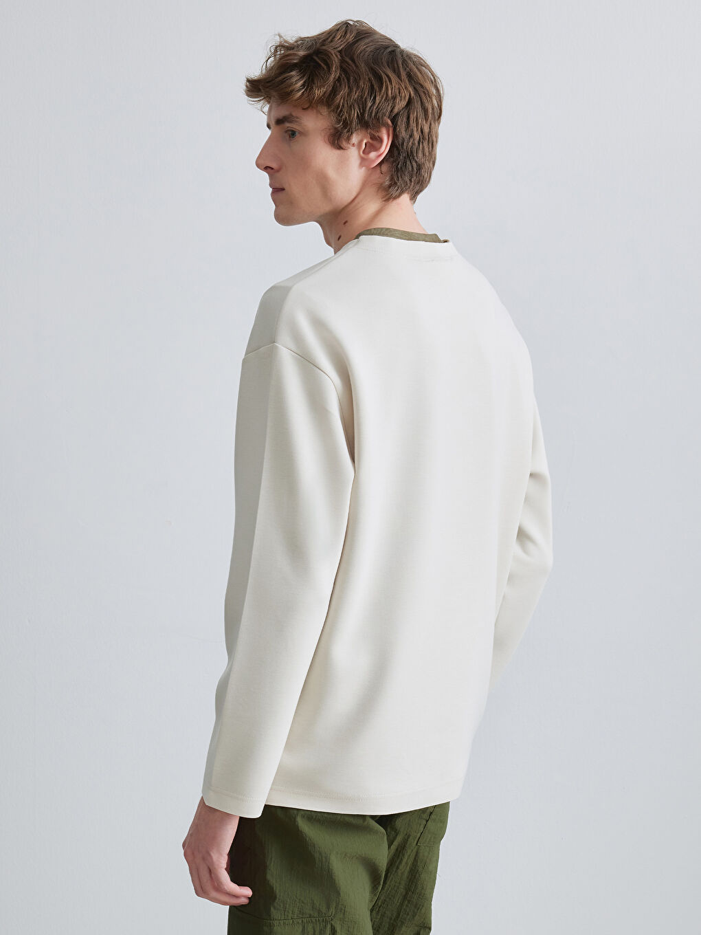 Bej Bisiklet Yaka Erkek Sweatshirt-3