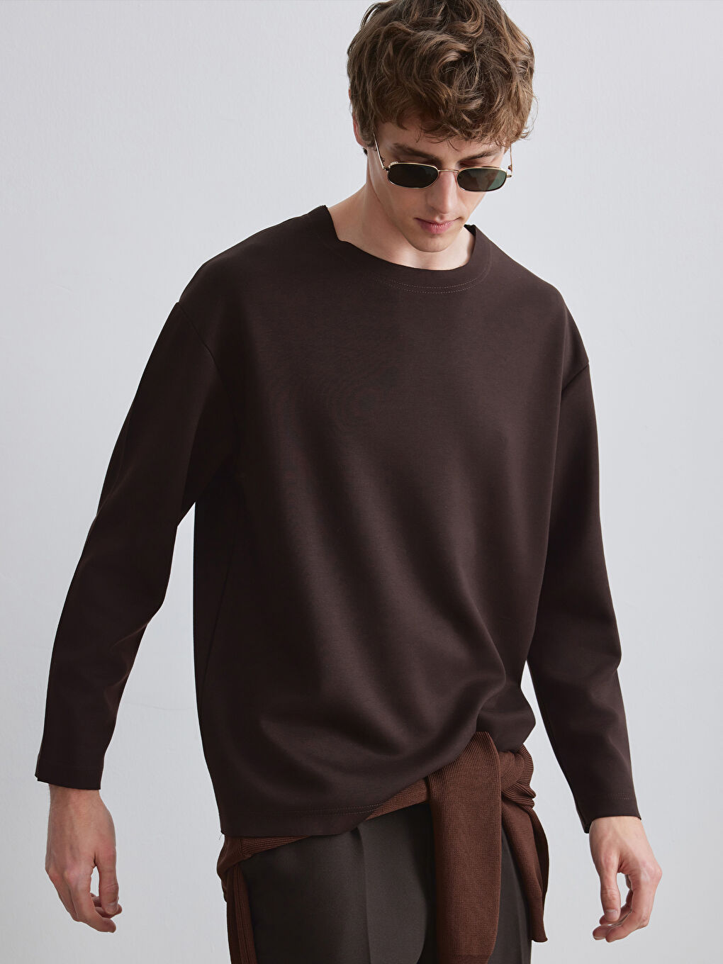 Kahverengi Bisiklet Yaka Erkek Sweatshirt