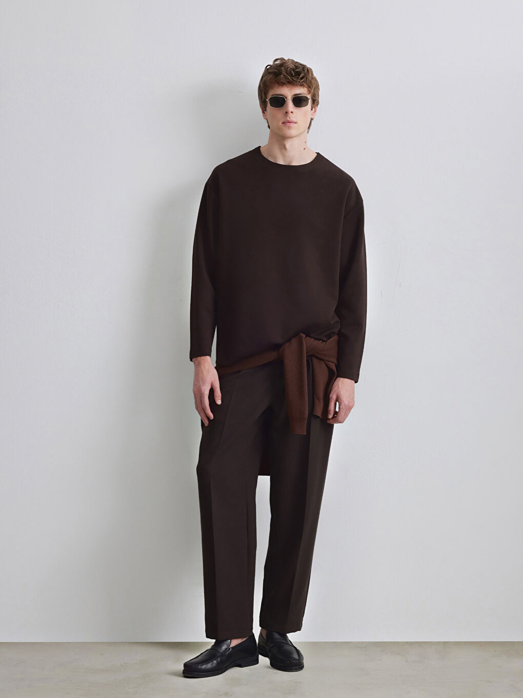 Kahverengi Bisiklet Yaka Erkek Sweatshirt-1