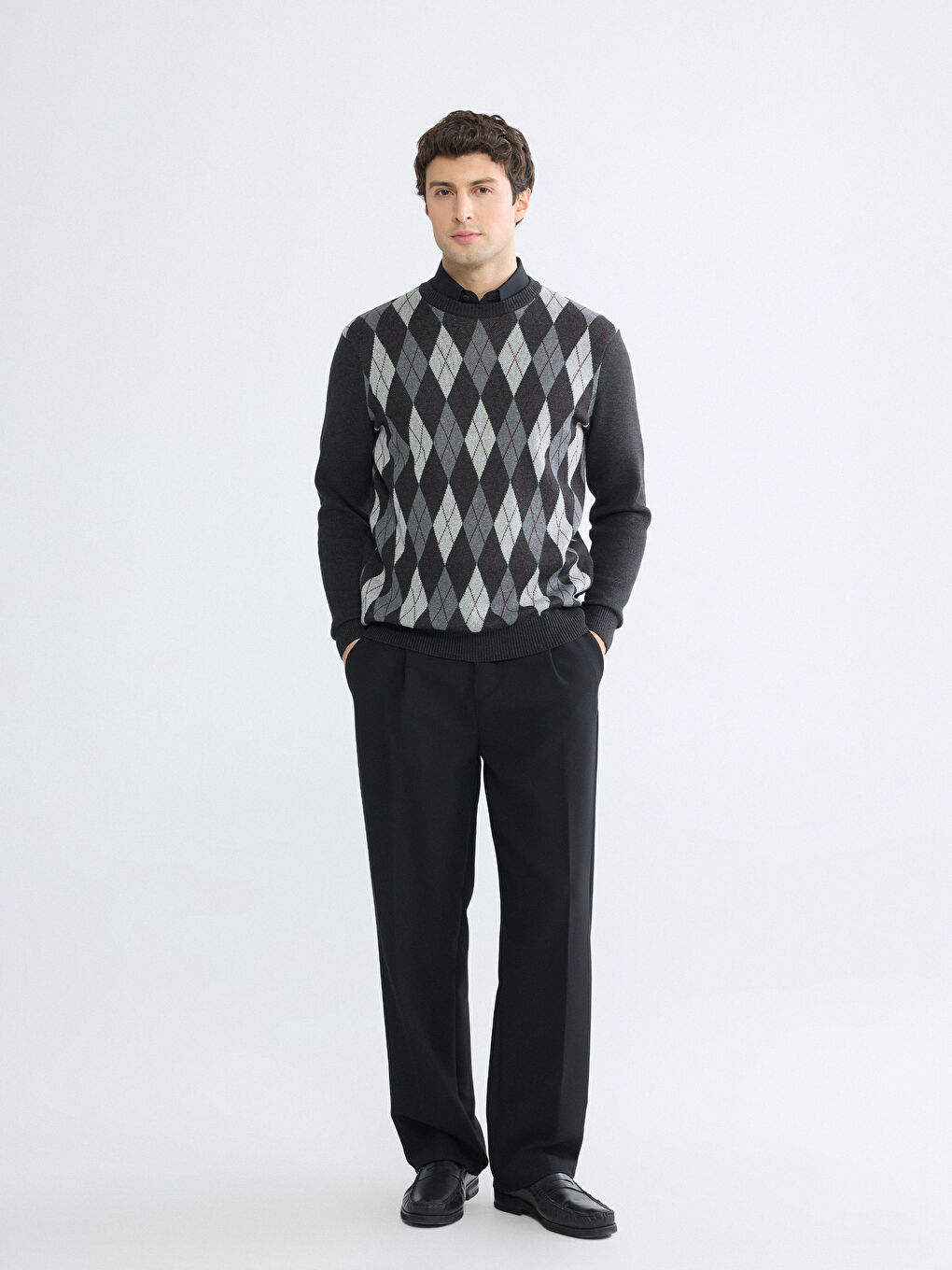 Antrasit Bisiklet Yaka Baklava Desenli Erkek Triko Kazak-1