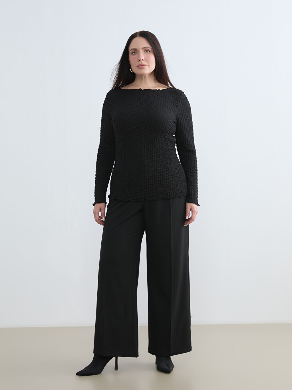 Siyah Büyük Beden Bisiklet Yaka Dokulu Bluz	-1