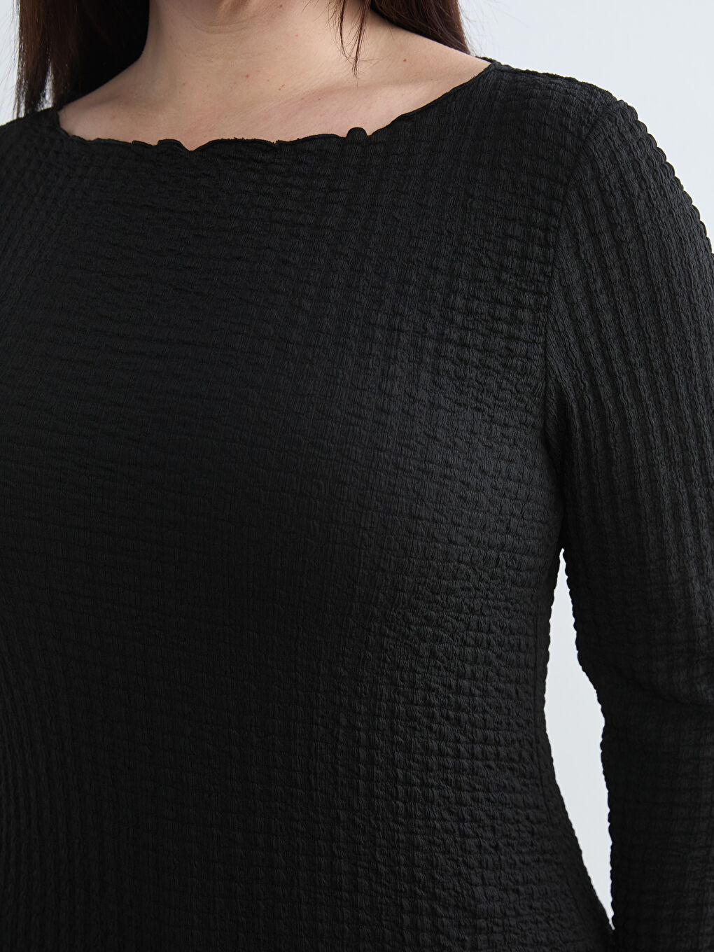 Siyah Büyük Beden Bisiklet Yaka Dokulu Bluz	-2