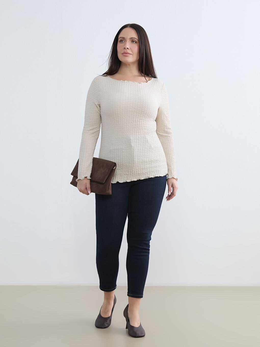 Bej Büyük Beden Bisiklet Yaka Dokulu Bluz	-1