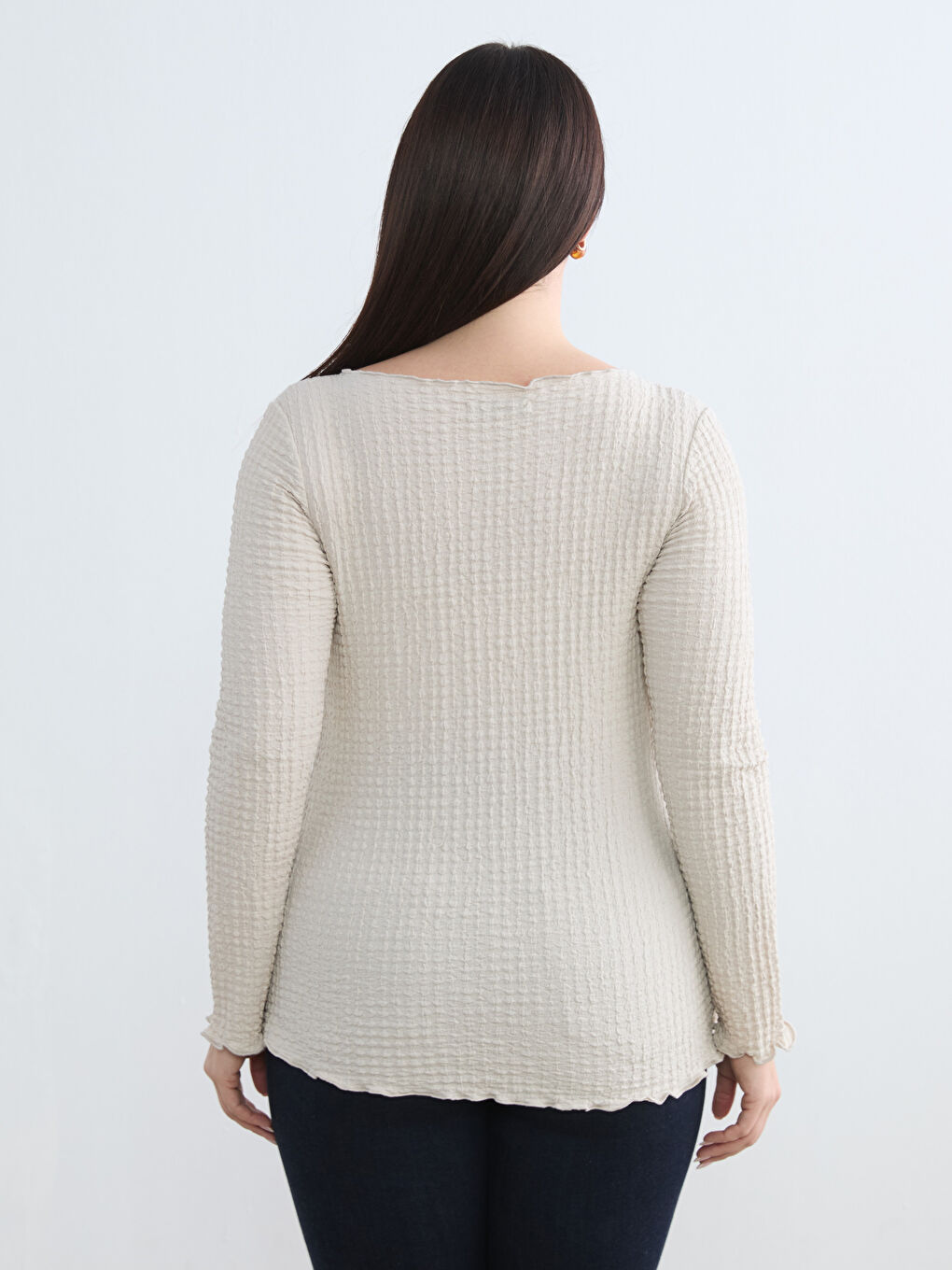 Bej Büyük Beden Bisiklet Yaka Dokulu Bluz	-3