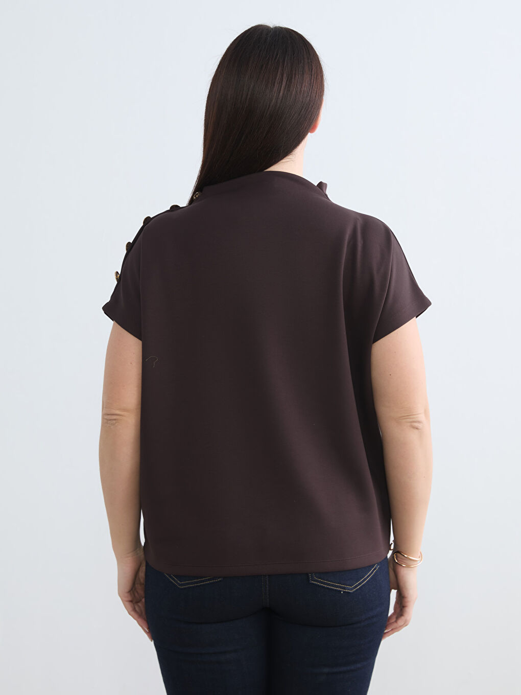 Kahverengi Büyük Beden Dik Yaka Bluz-3