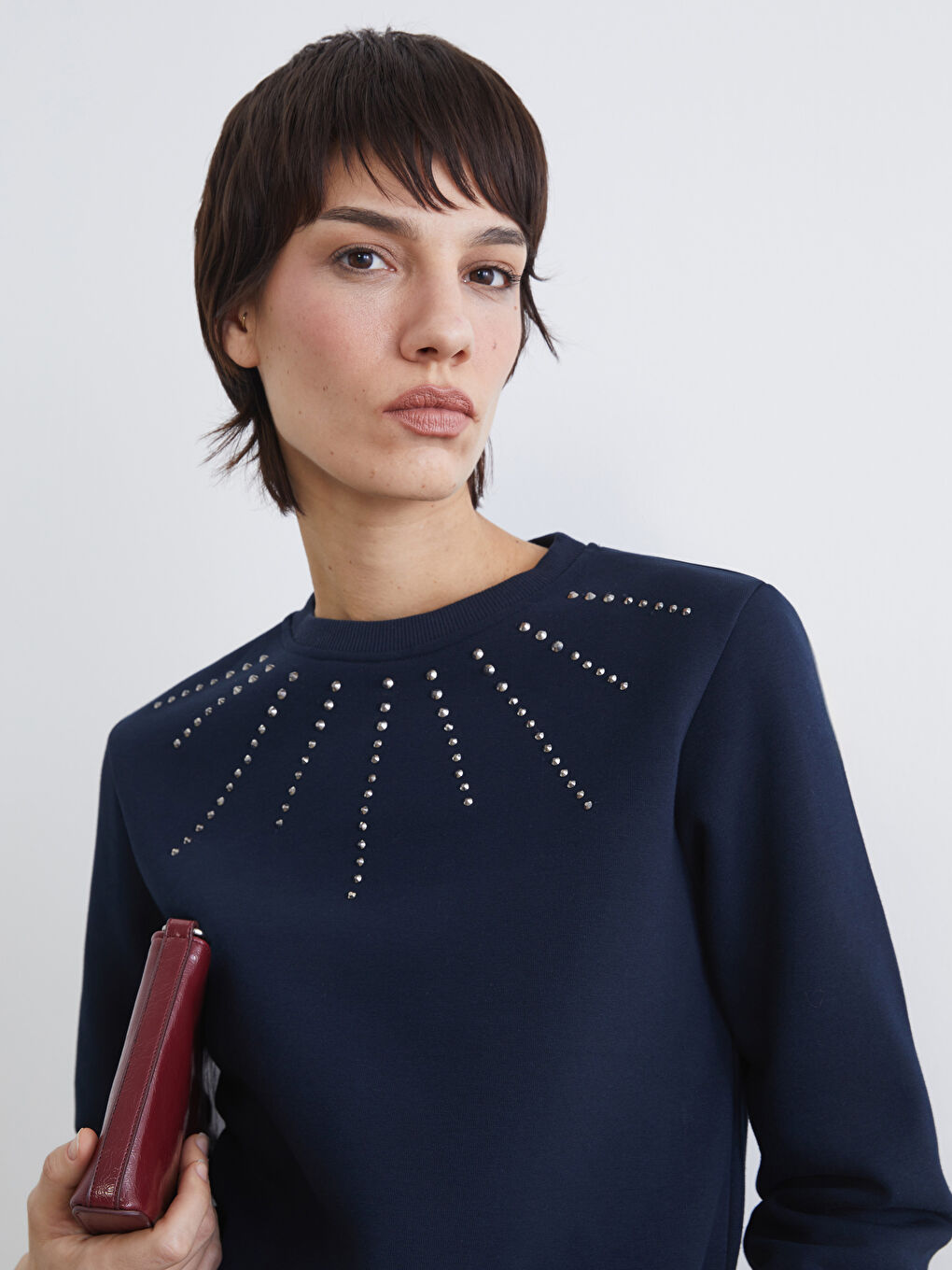 Lacivert Bisiklet Yaka Taşlı Kadın Sweatshirt-2