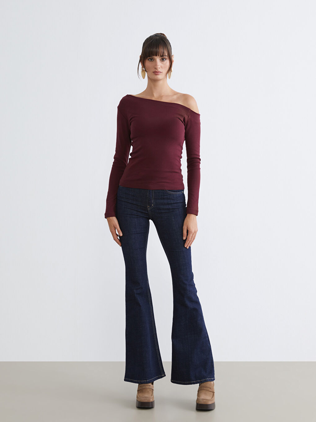 Bordo Kayık Yaka Kadın Body-1