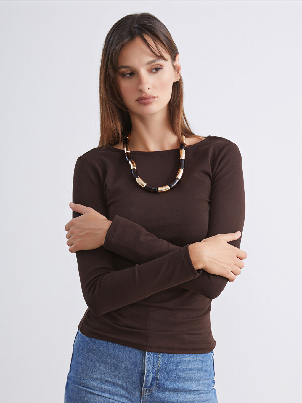 Kahverengi Bisiklet Yaka Büzgülü Kadın Body