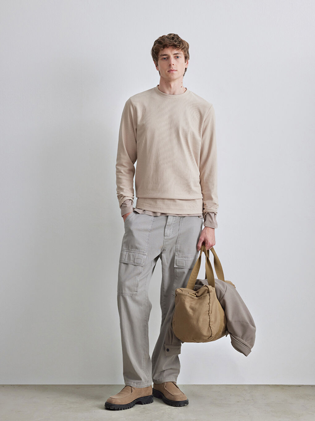 Bej Bisiklet Yaka Erkek Sweatshirt-1