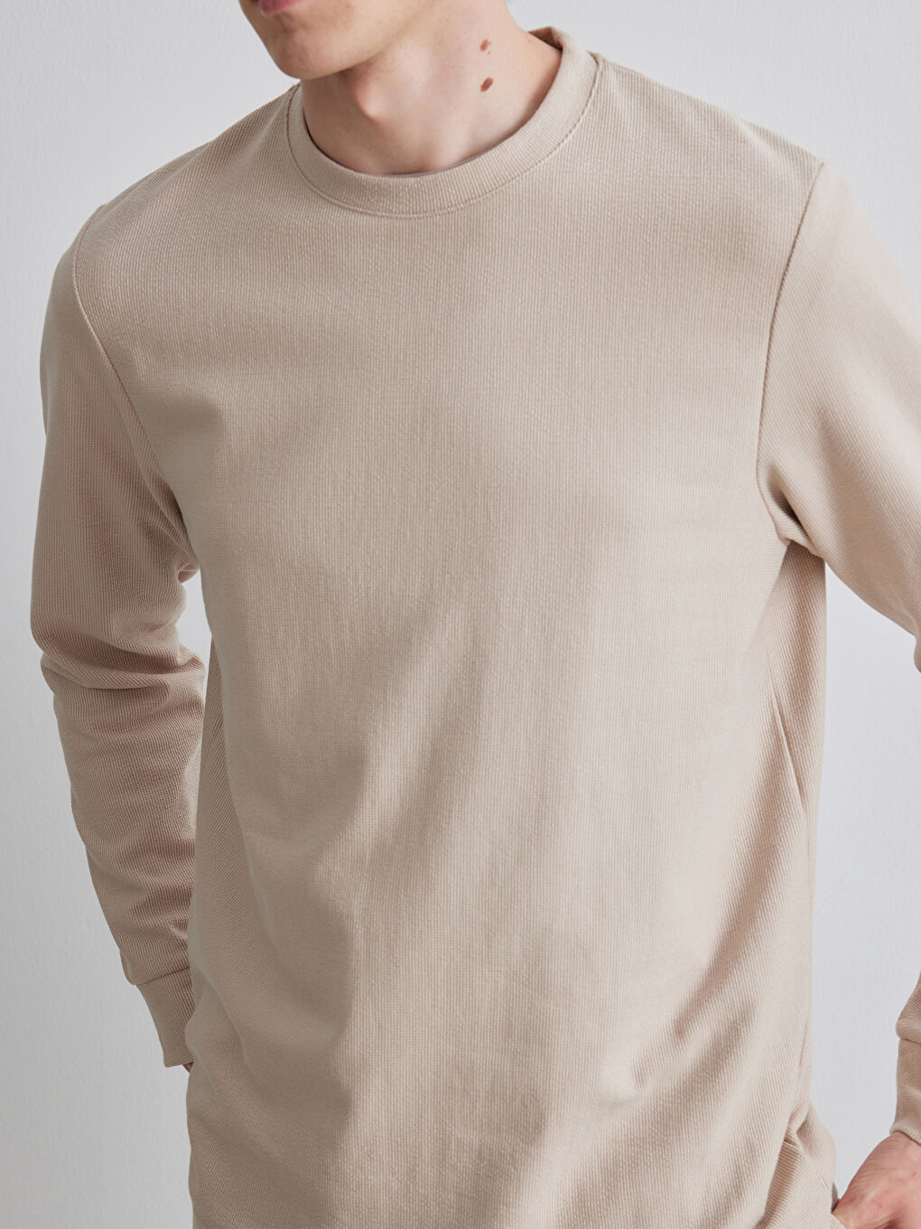 Bej Bisiklet Yaka Erkek Sweatshirt-2