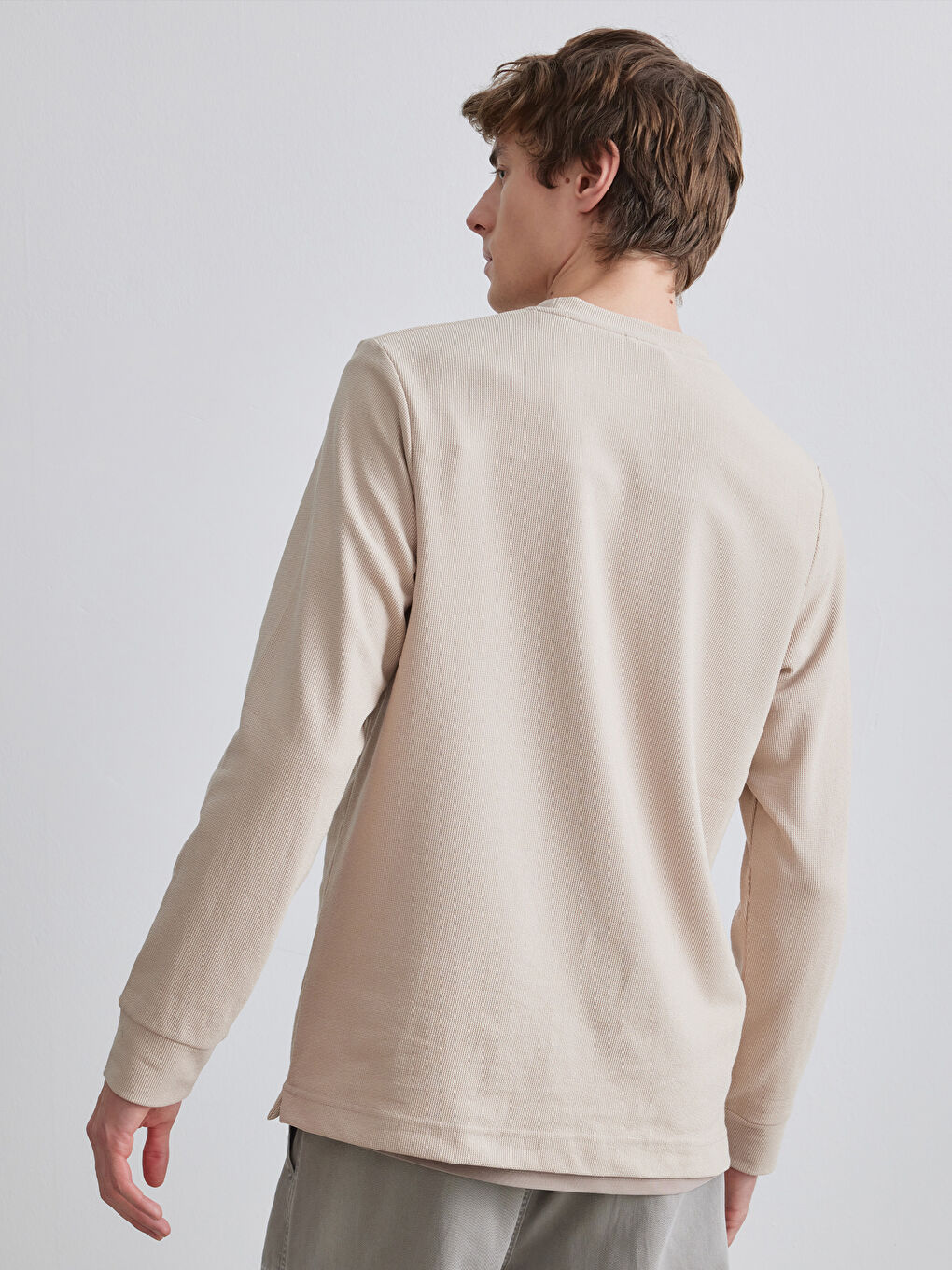 Bej Bisiklet Yaka Erkek Sweatshirt-3