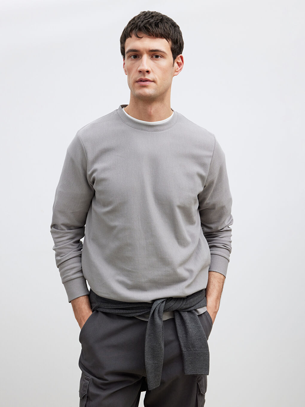 Gri Bisiklet Yaka Erkek Sweatshirt