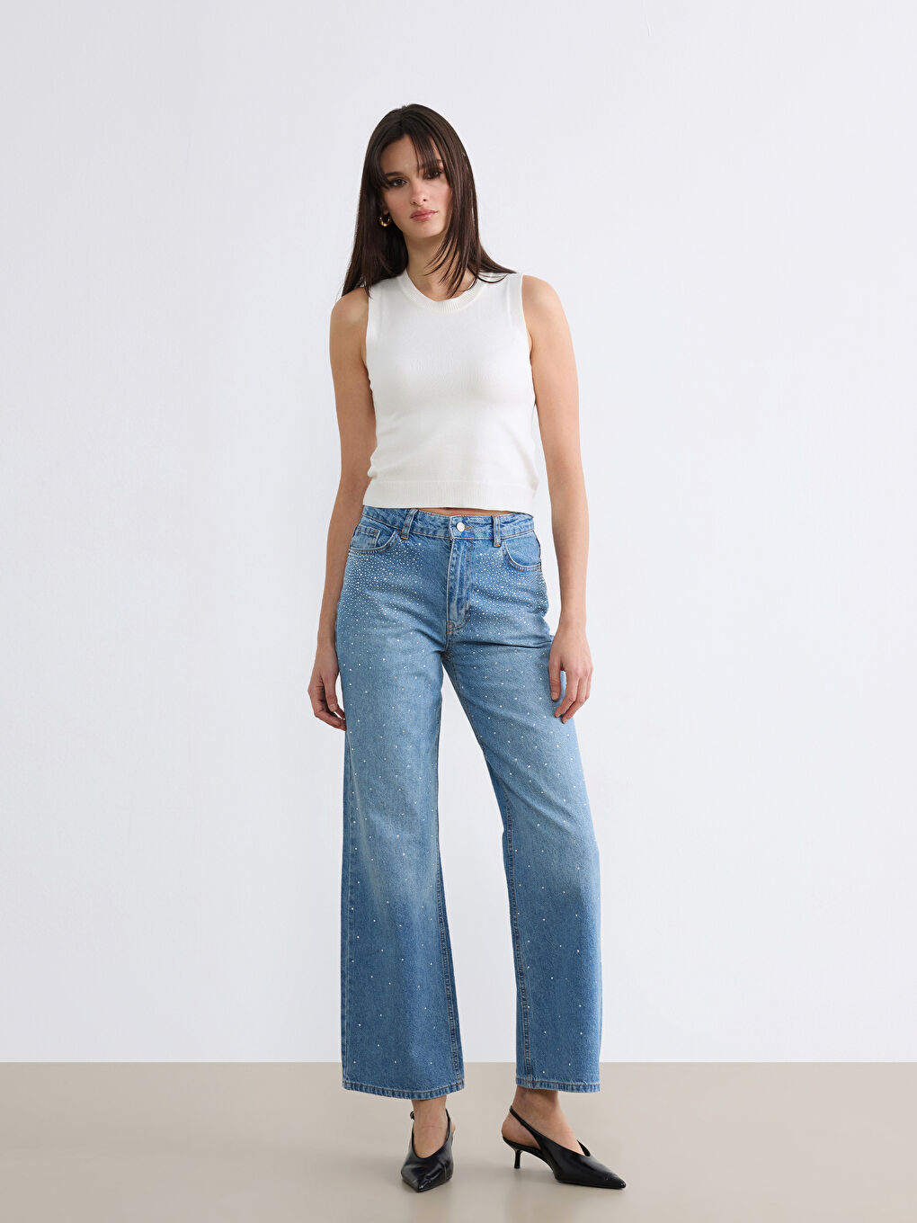 İndigo Wideleg Taşlı Kadın Jean Pantolon